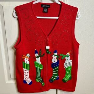 Vintage Red SML Designs Ramie Mix Ugly Christmas Sweater Vest With Snowmen